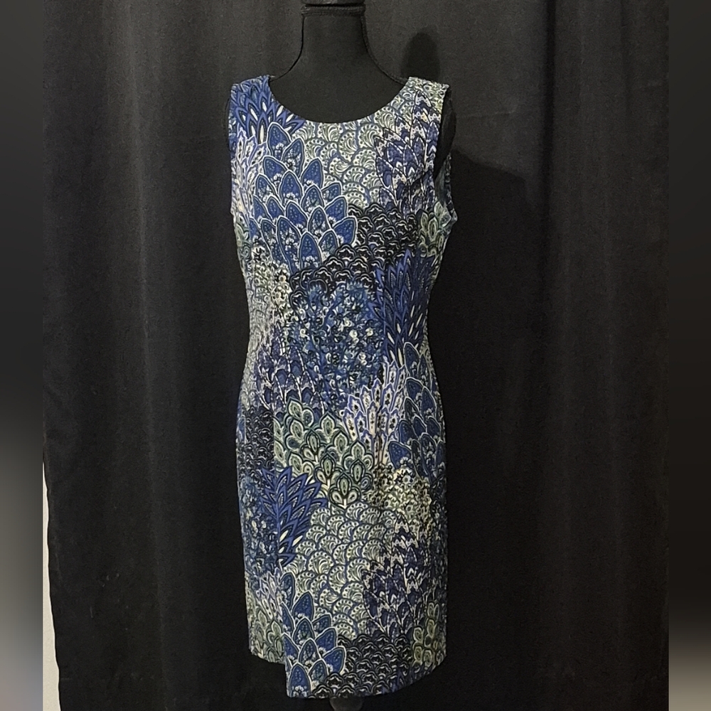 Connected Apparel Blue and White Patterned Mini Dress